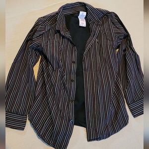 Boy's Arrow Button down shirt with black t-shirt.